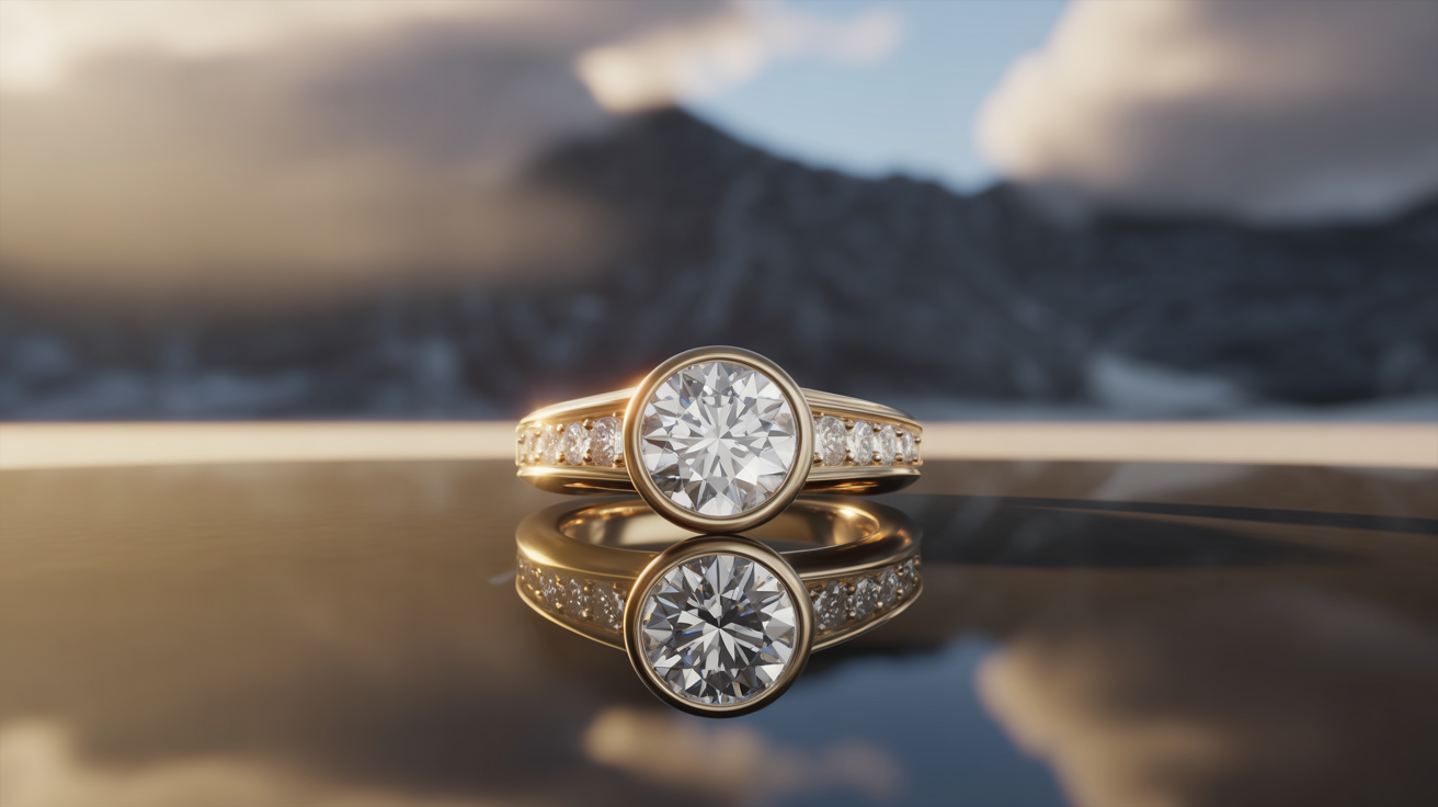 Diamond wedding ring with accent diamonds, dramatic lighting, high-resolution.