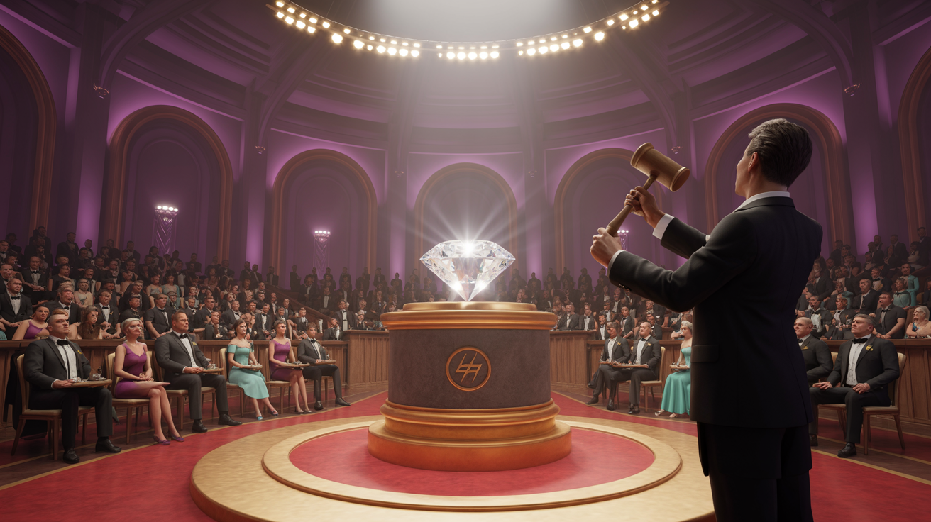 Auctioneer with gavel in grand hall, spotlight on large diamond.