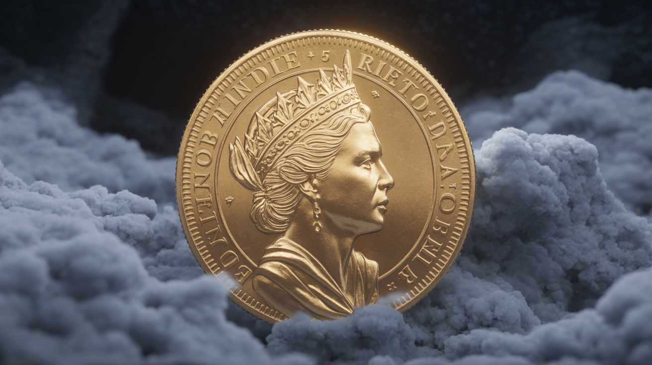 Gold Britannia coin with dramatic lighting and fog, hyper-detailed.