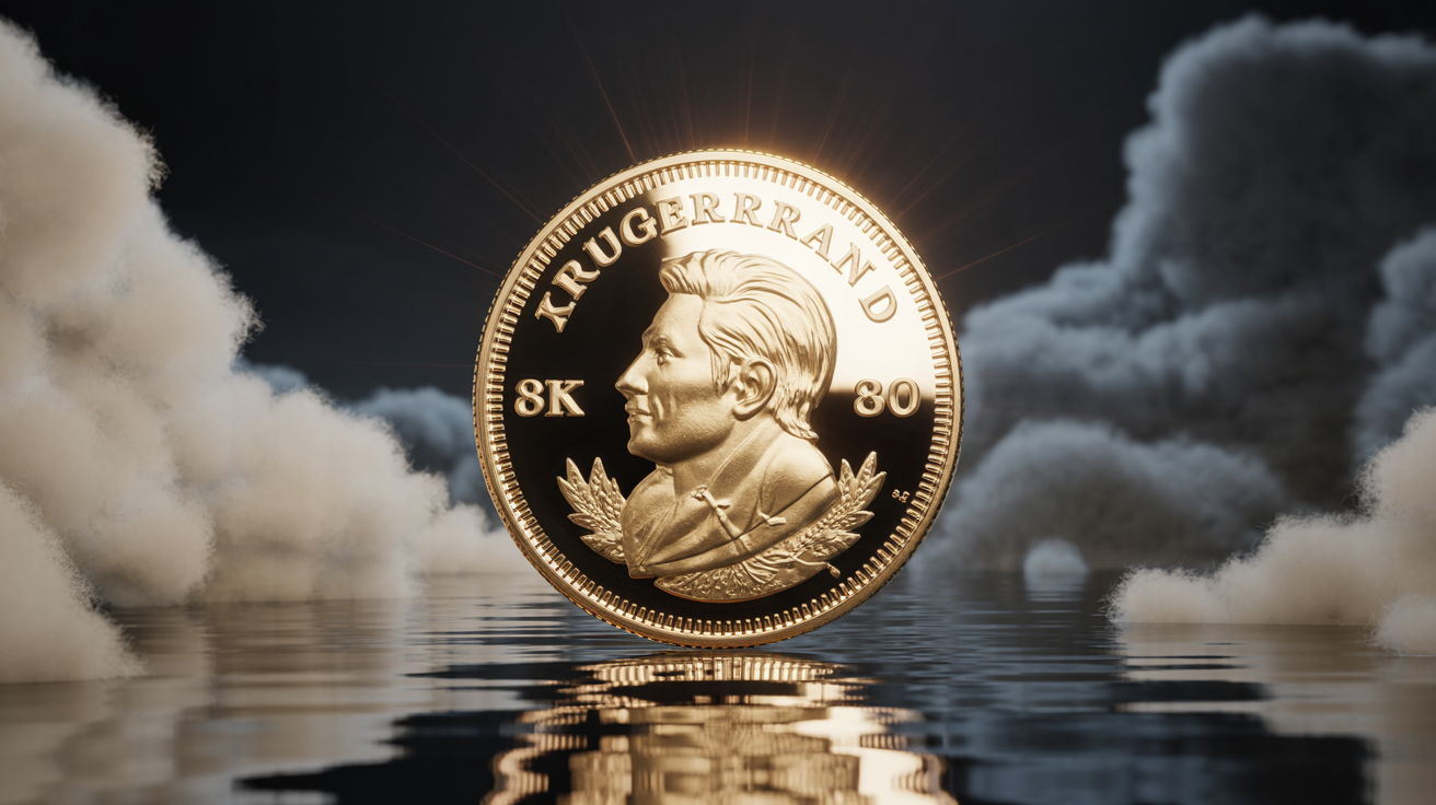 A Gold Krugerrand coin detailed against a dramatic, foggy backdrop.