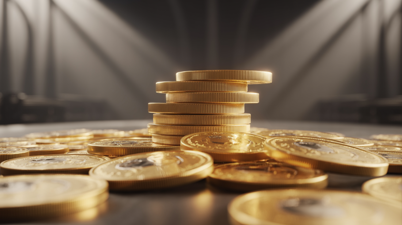 Gold sovereigns on a table with dramatic lighting and fog.