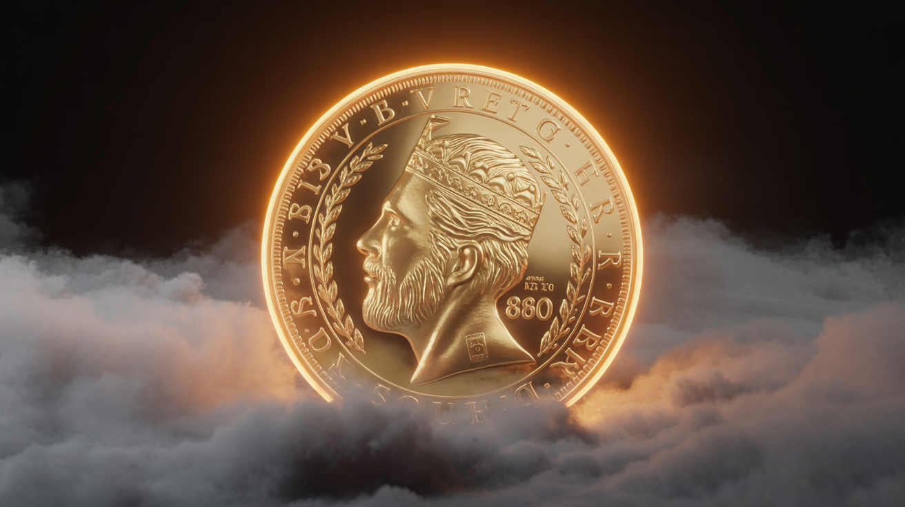Gold sovereign coin with dramatic lighting and fog, showcasing detail.