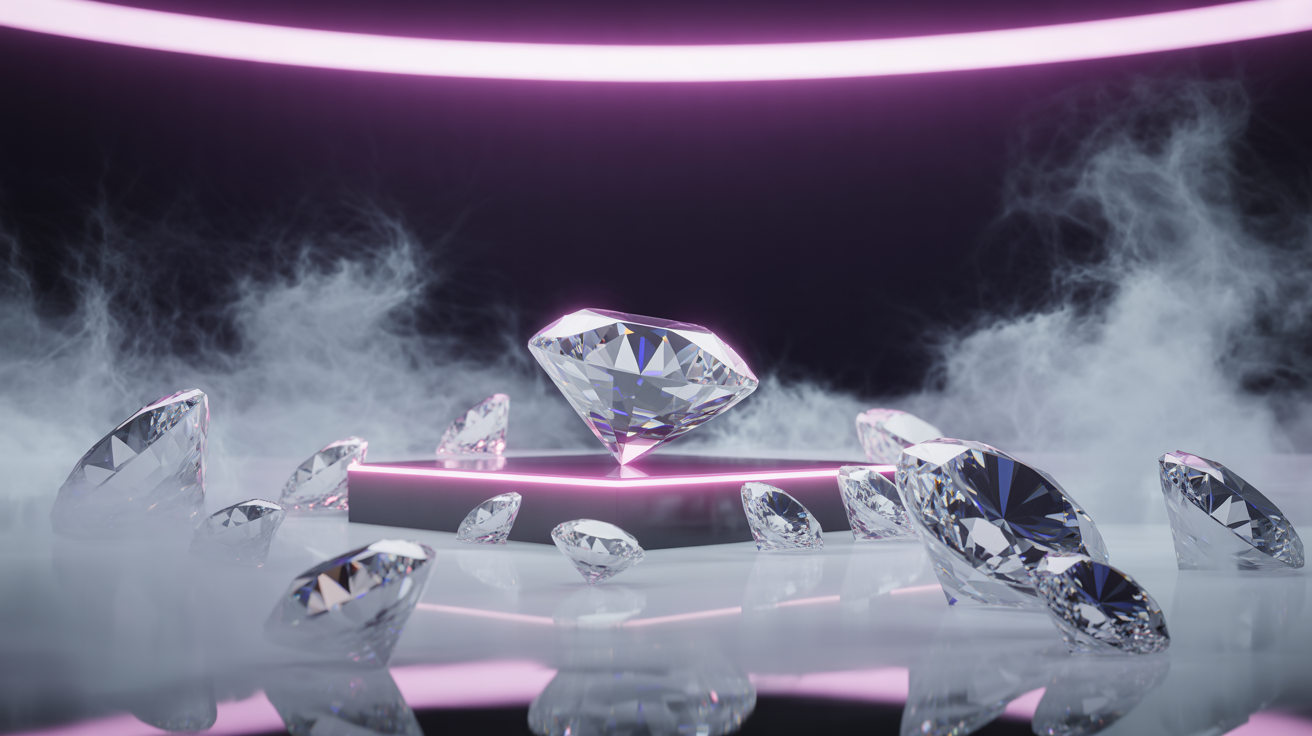 Lab-grown diamonds in dramatic lighting with volumetric fog.
