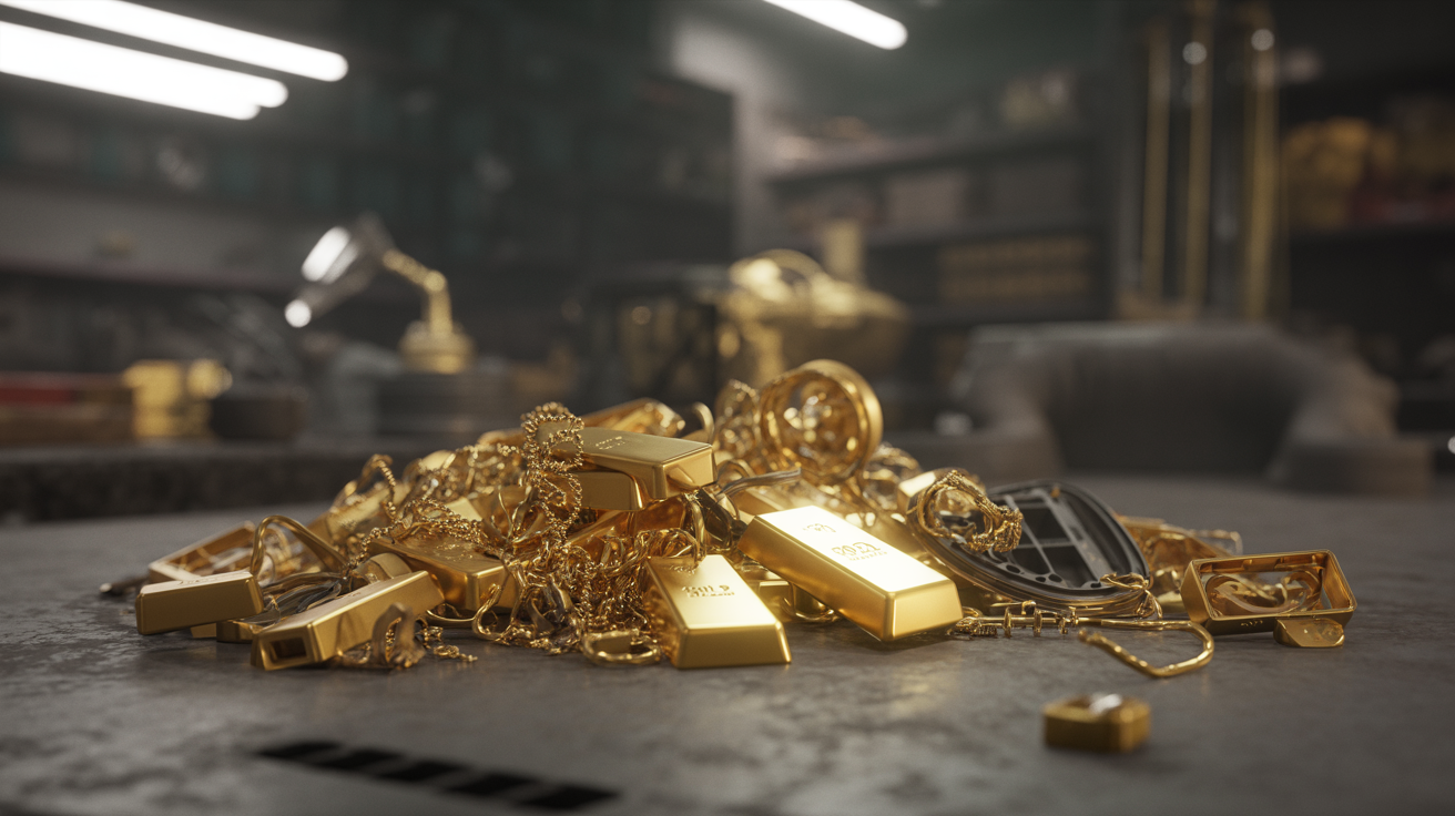 Cinematic scene of scrap gold items with dramatic lighting and fog.
