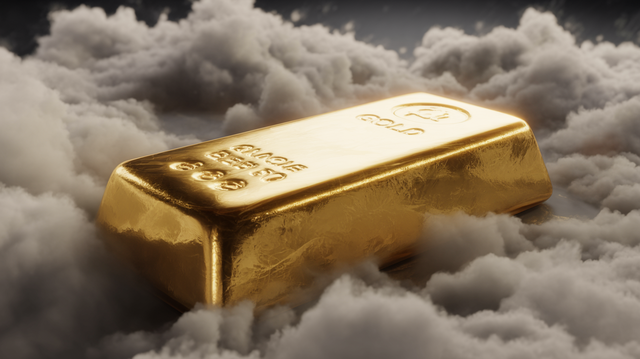 Detailed gold bar without hallmarks under dramatic lighting with fog.