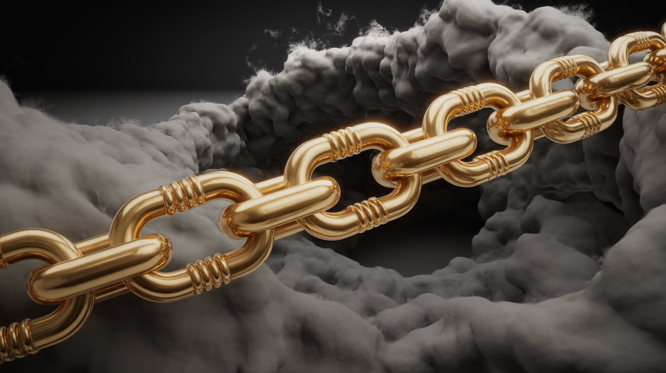 Close-up of gold chain with solid and hollow links in dramatic lighting.