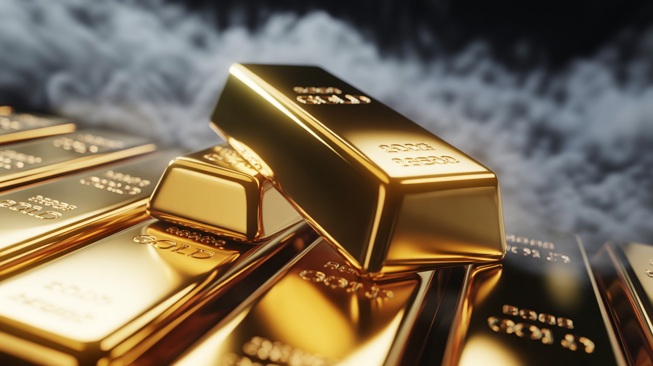 Gold bar under dramatic lighting and fog, showcasing high market value.