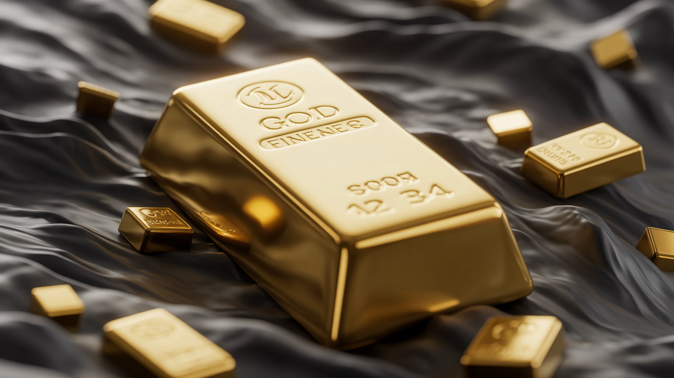 Gold bar with hallmark symbols in dramatic lighting and fog.