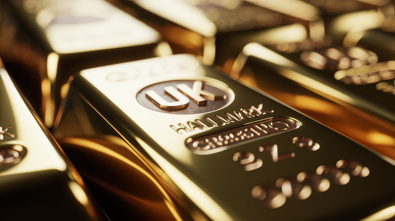 Close-up of a gold bar with UK hallmark symbols, dramatic lighting.