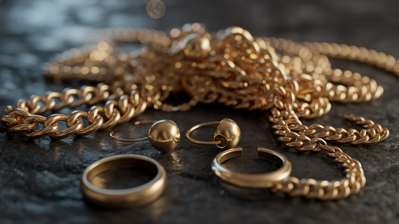 Broken gold chains, single earrings, damaged rings on dark surface.