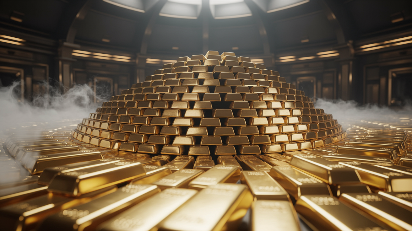 Pile of gold bars in a vault with dramatic lighting and fog.