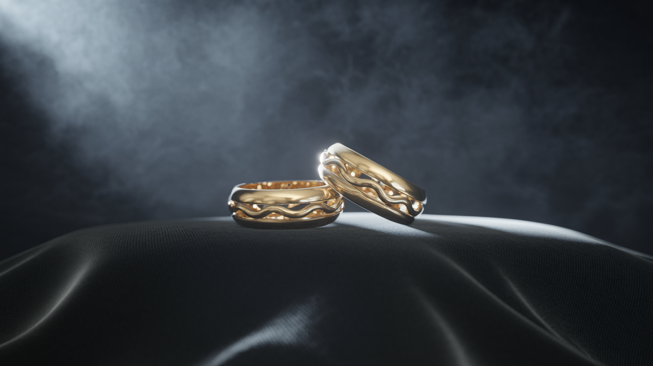 Gold earrings on black velvet with dramatic lighting.