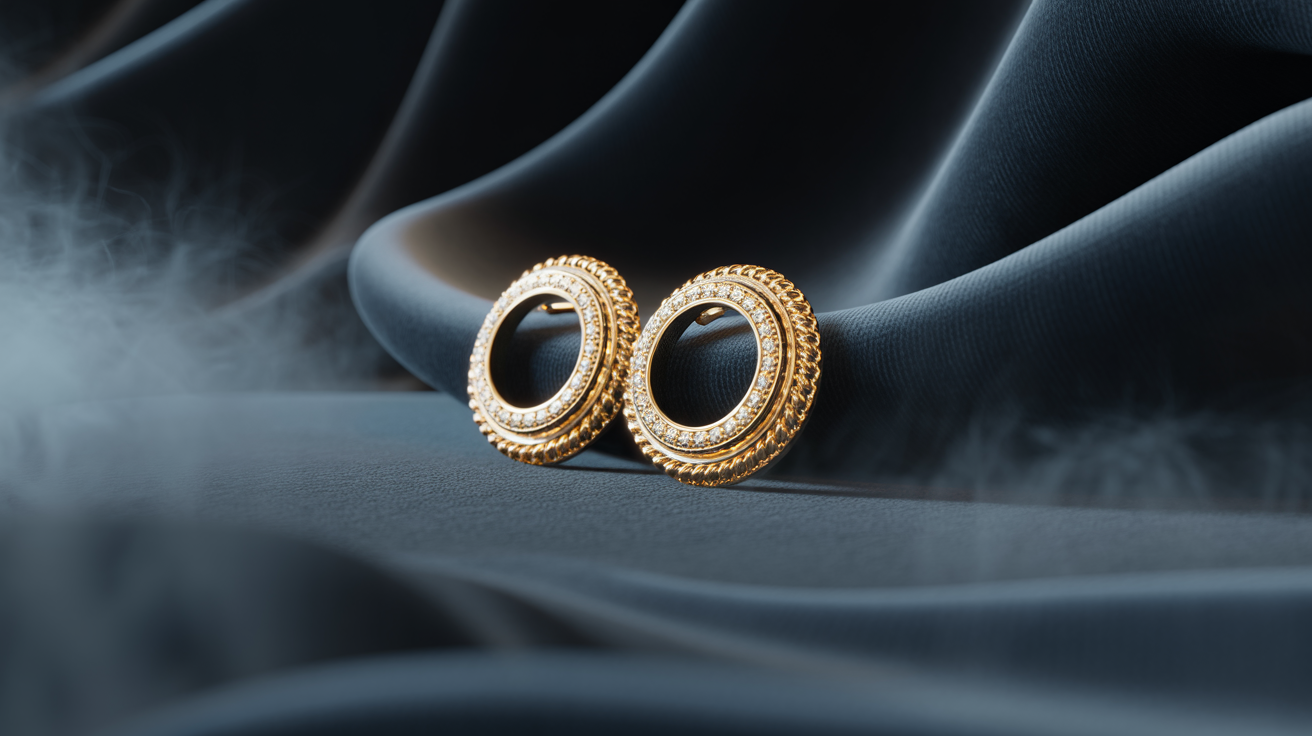 Close-up of gold earrings on a velvet surface with dramatic lighting.