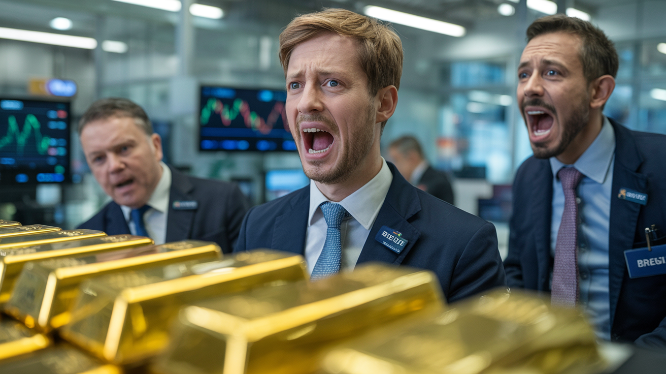 Traders reacting to gold price changes in office setting after Brexit event.
