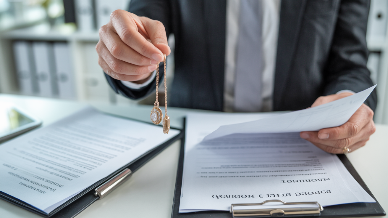 Executor examining estate jewellery and probate documents in office.