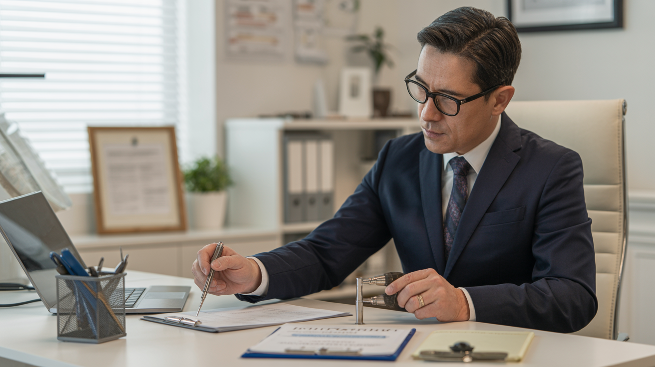 RICS-qualified valuer in well-lit office with official documents.
