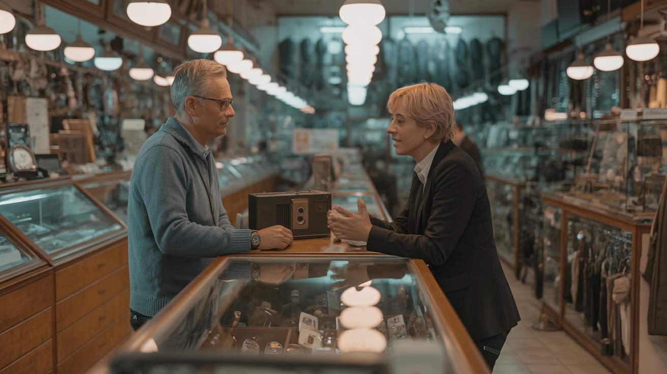 Customer consulting with shopkeeper in a pawn shop with ambient lighting.