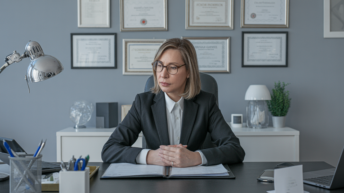Appraiser at desk with certificates and documentation, showing professionalism.