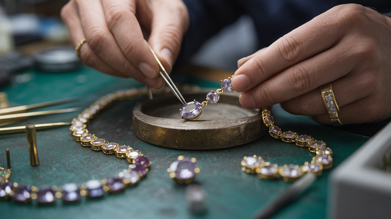 Jeweller removing gemstones from a gold necklace.