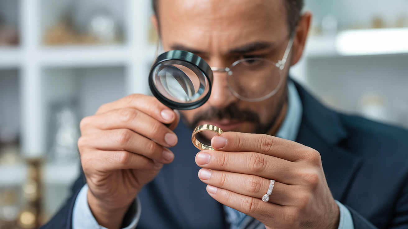 Jeweller inspecting a gold ring with a magnifying glass.