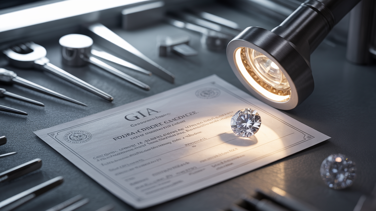 GIA certificate and diamond in jeweler's workspace showing grading precision.