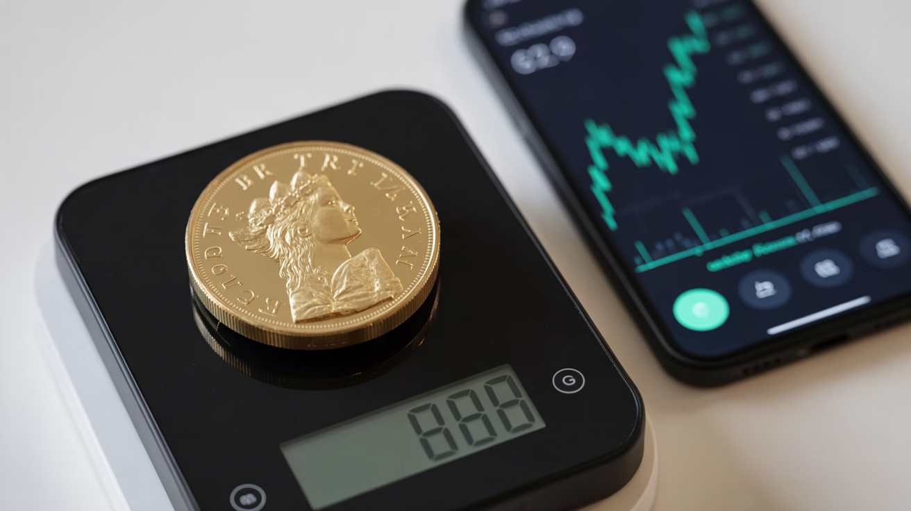 Gold Britannia on scale with weight, phone showing gold price.