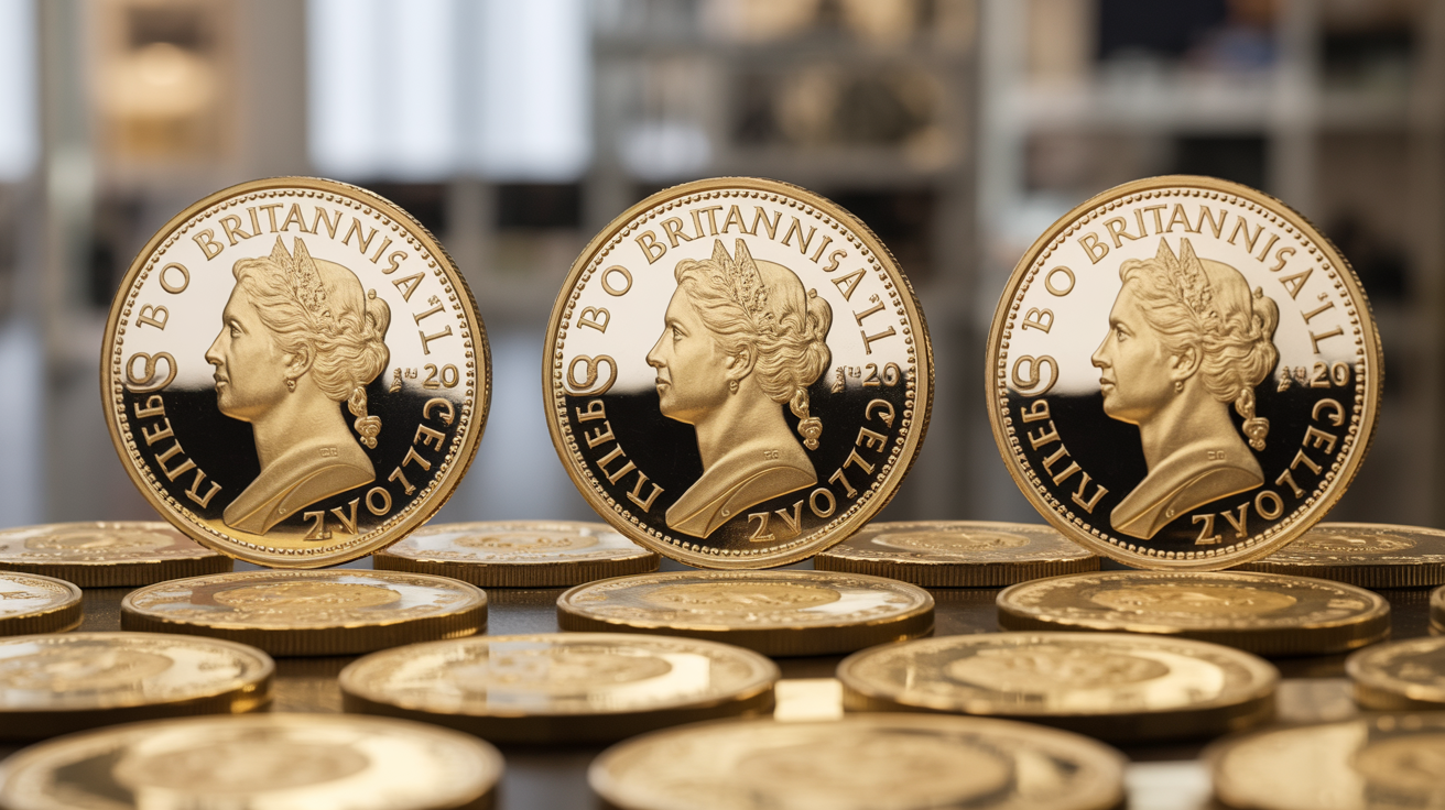 Gold Britannia coins with face values displayed, well-lit and detailed.