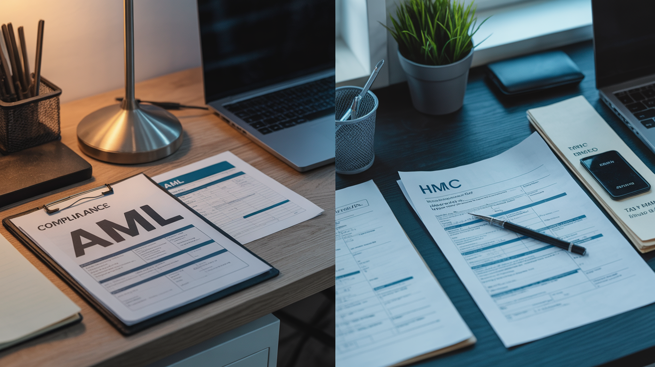 Desks with AML compliance and HMRC tax forms in contrasting lighting