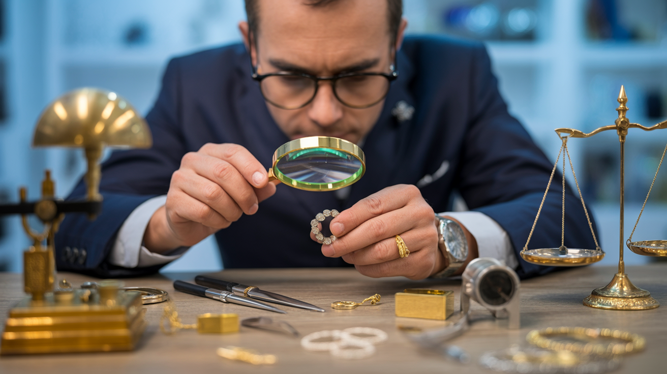 Gold buyer with magnifying glass examining jewellery, tools around.