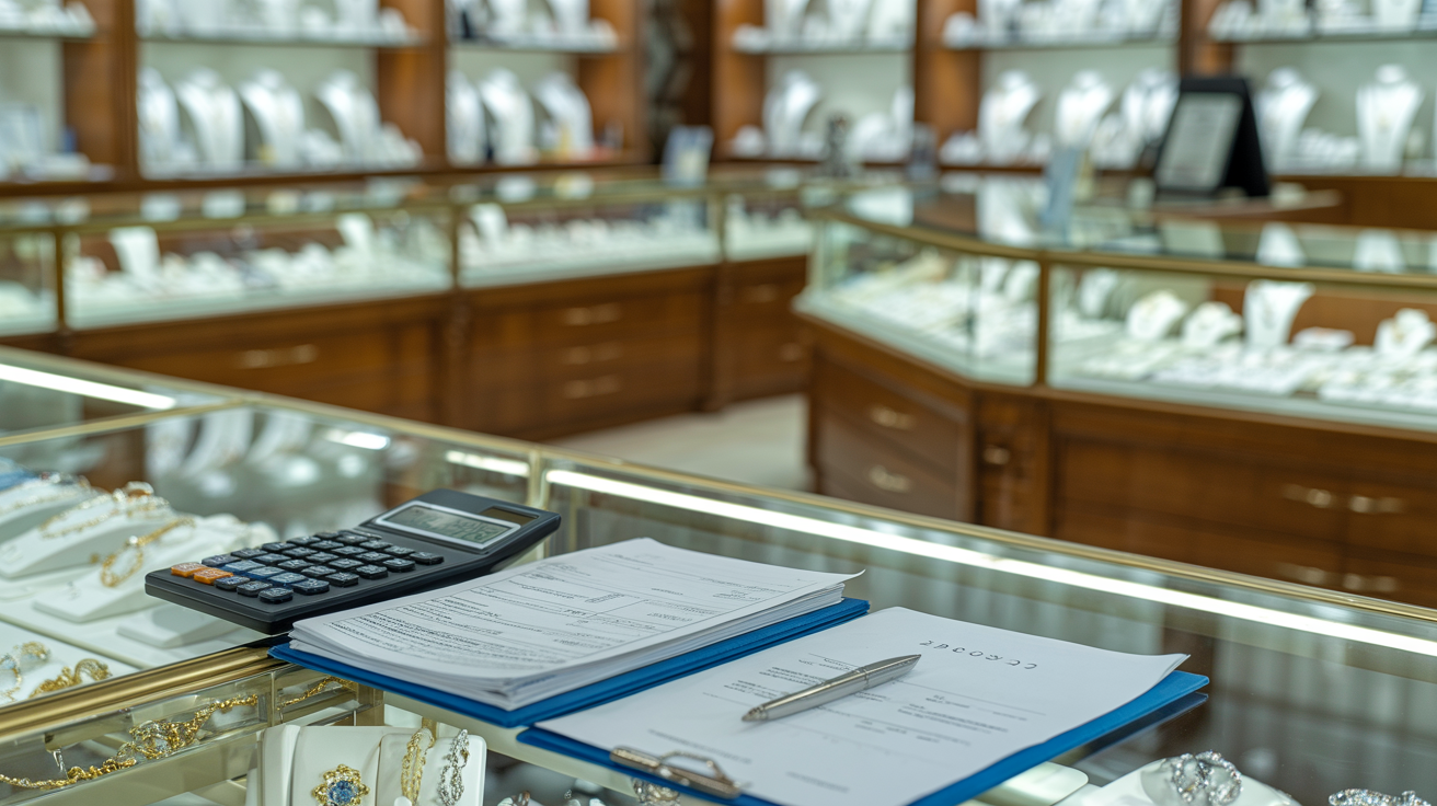 Jewelry store interior with documents and calculators on a table.