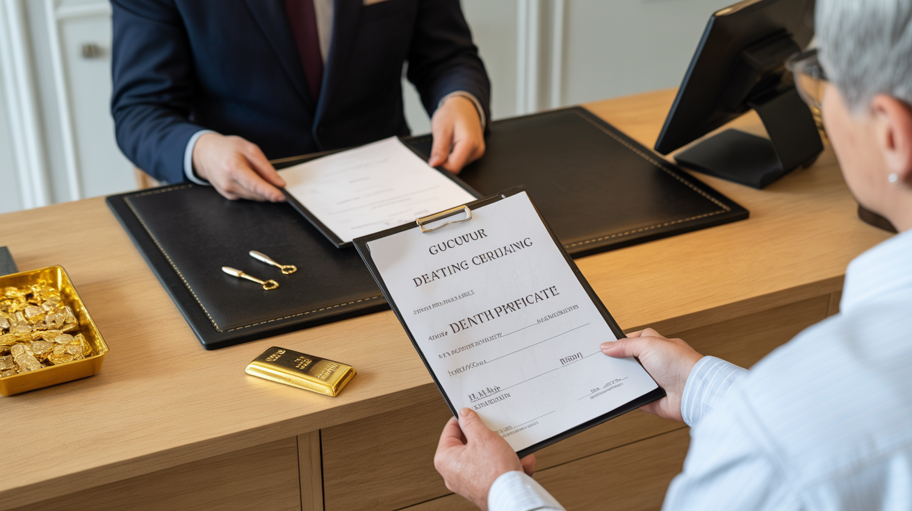 Executor presenting ID and death certificate to gold buyer.