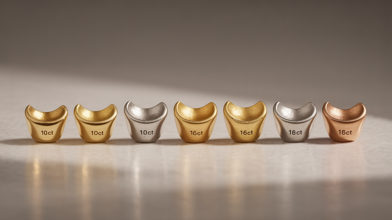 Dental gold alloy pieces of varying carats and textures on a neutral background.