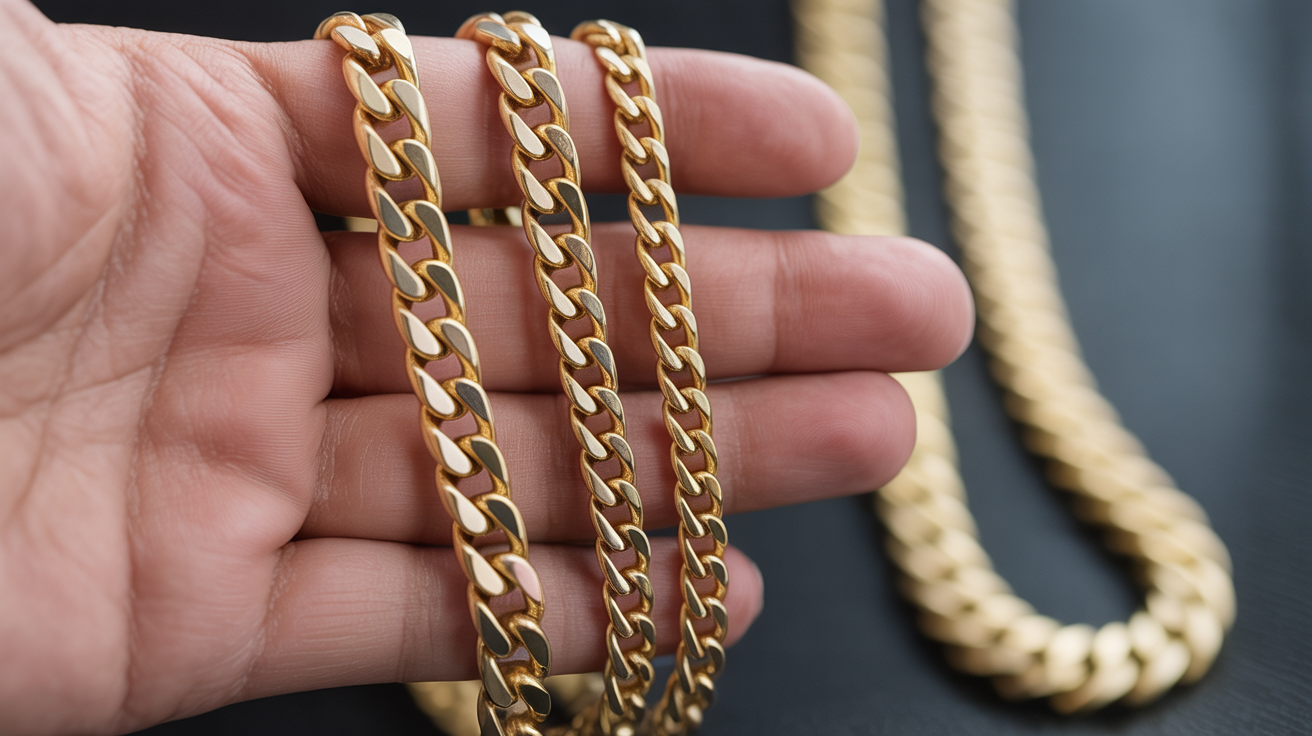 Person holding a gold chain, showing the chain's heft and detail.