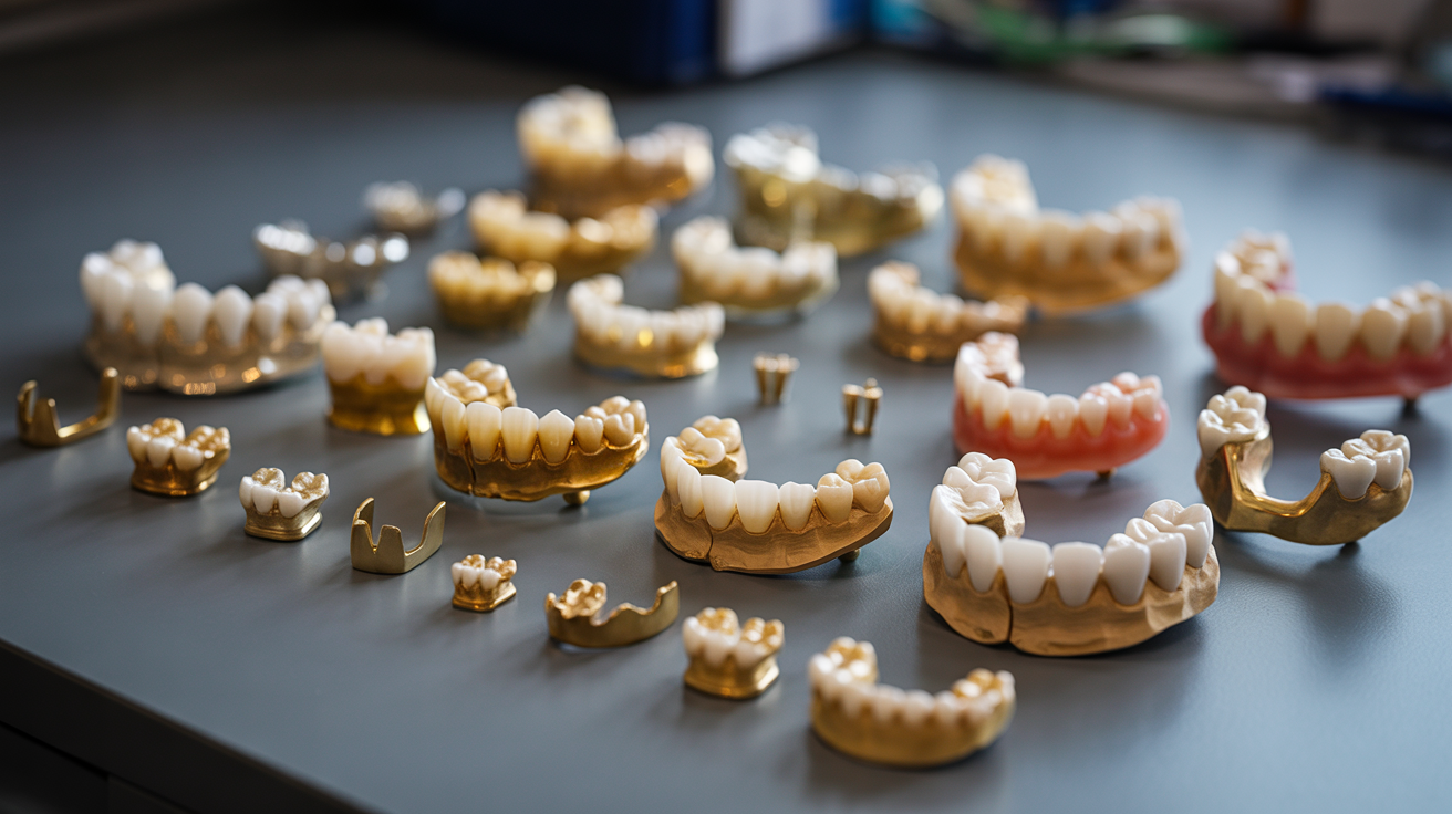 Various dental crowns and bridges showing size and gold content variety.