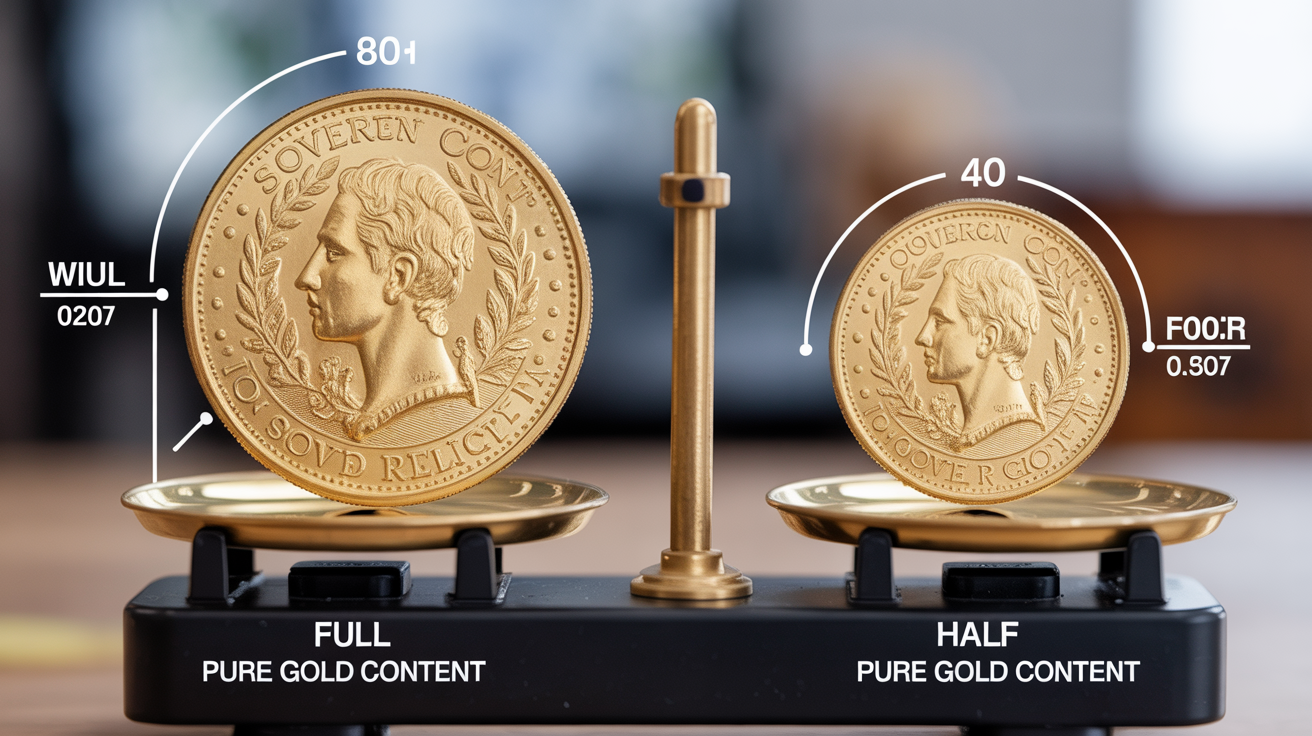 Two gold coins on a scale, labeled with weight and gold content.