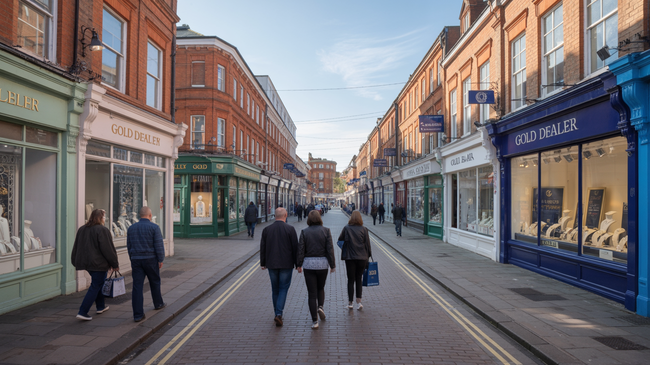 Visitors stopping at gold dealer shops in Jewellery Quarter.