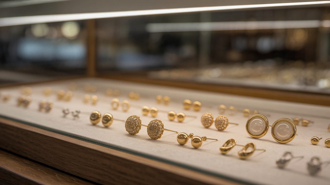 Display case with lightweight gold earrings in a retail setting.
