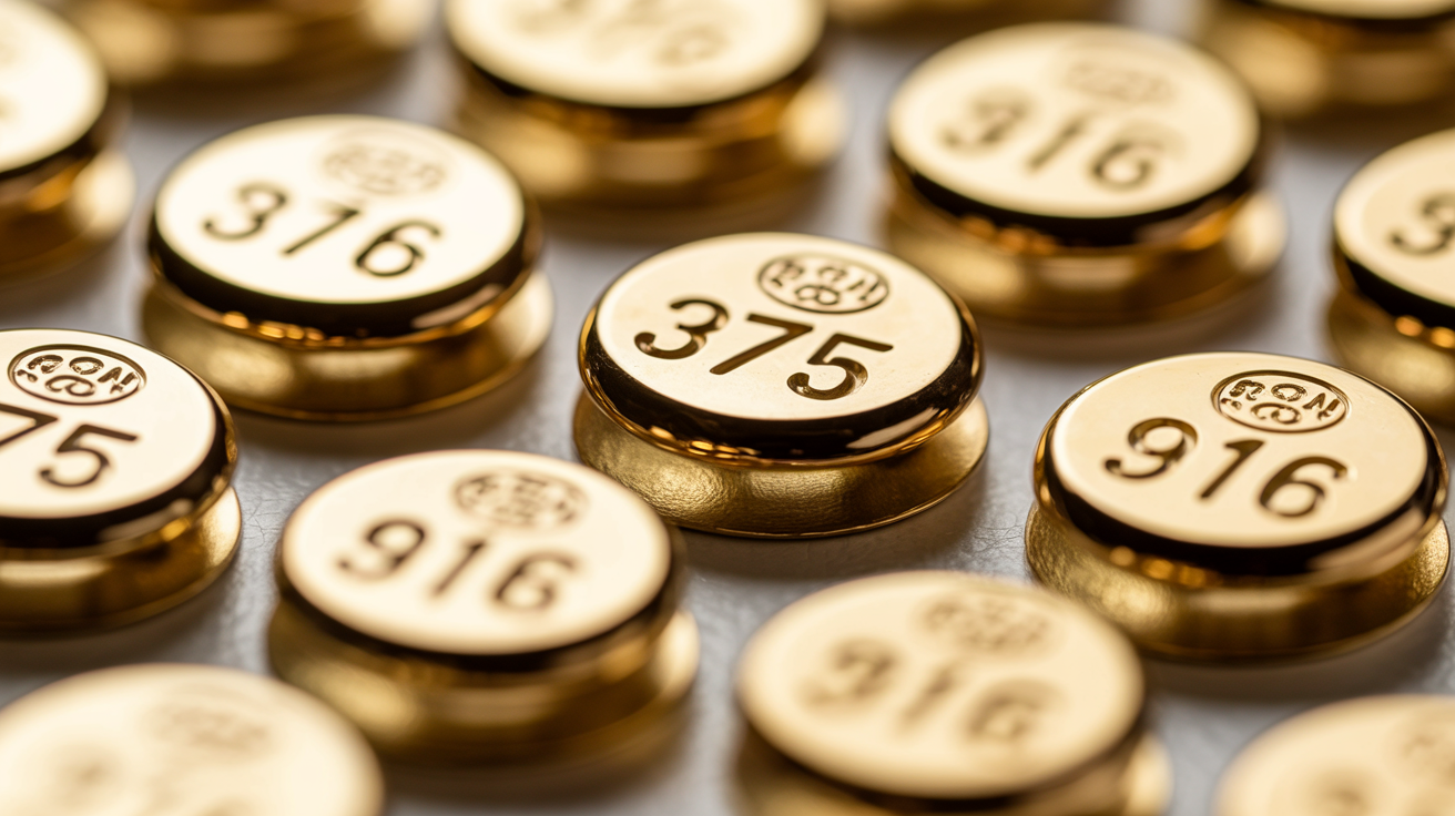 Gold items showing millesimal fineness numbers under bright lighting.