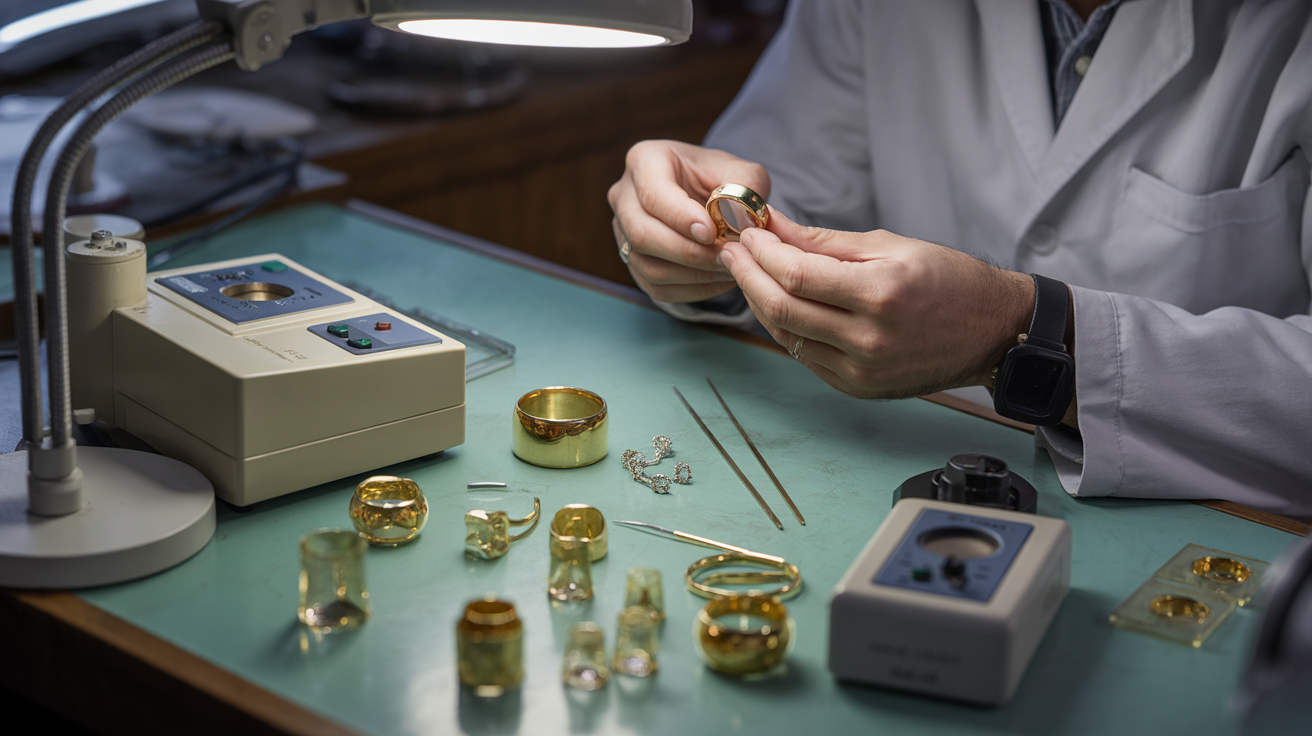 Jeweler testing gold purity with electronic equipment in a workspace.