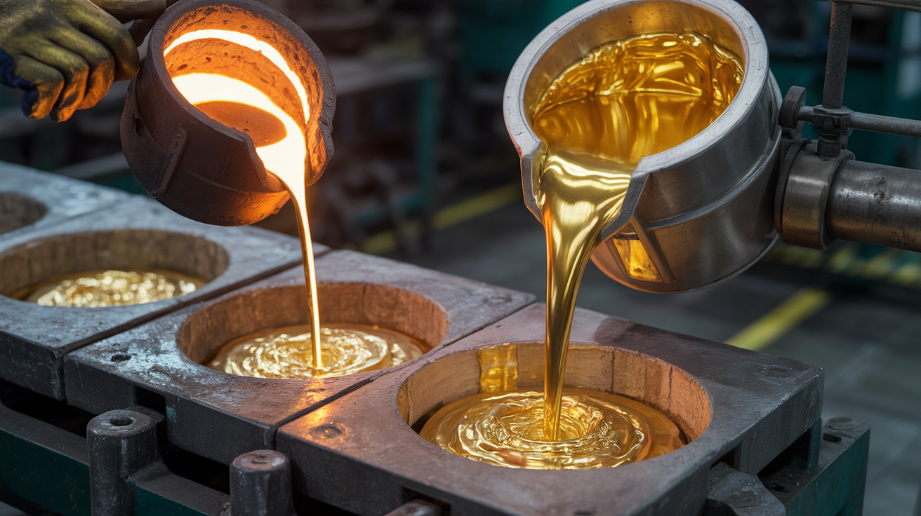 Molten gold being poured in a refinery with intense lighting.