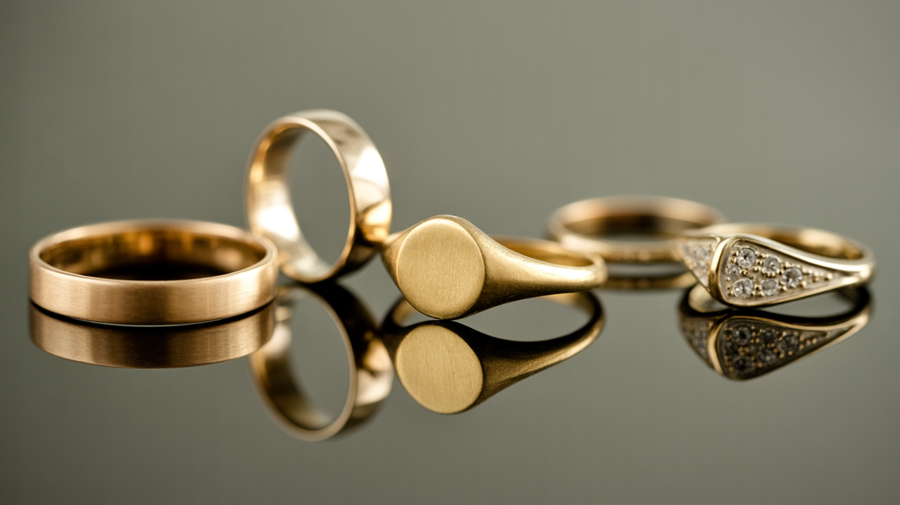Three gold rings: plain band, vintage signet, and costume piece.