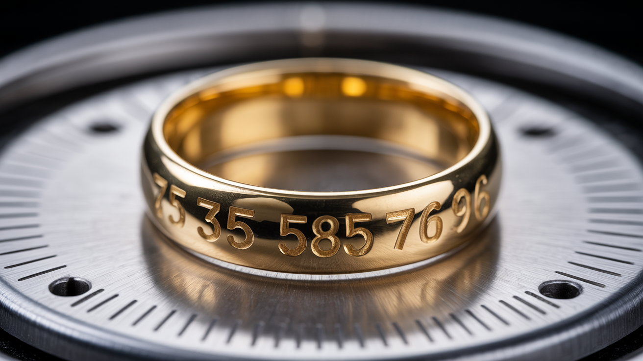 Gold ring on a scale with visible hallmark purity numbers.