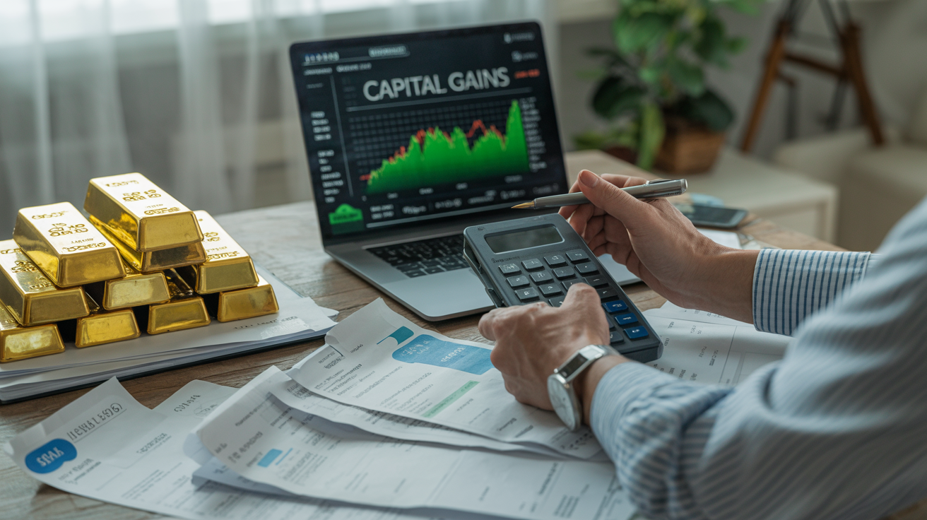 Person calculating capital gains with receipts and documents