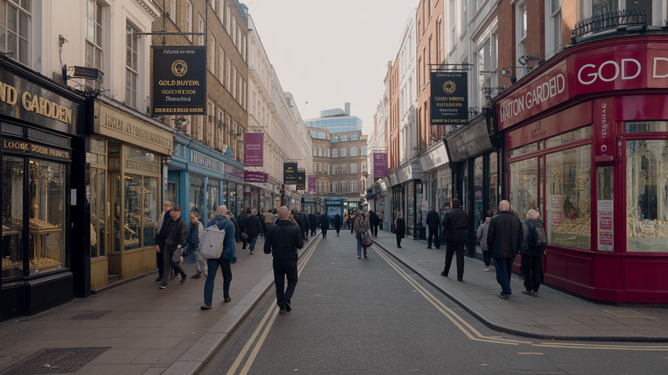 Hatton Garden street with gold buyers and diamond dealer shops.