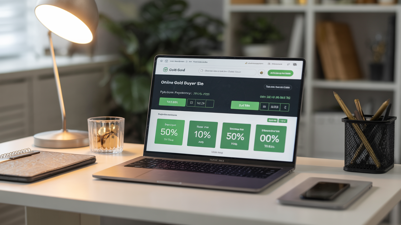Laptop showing online gold buyer website with spot price percentages.
