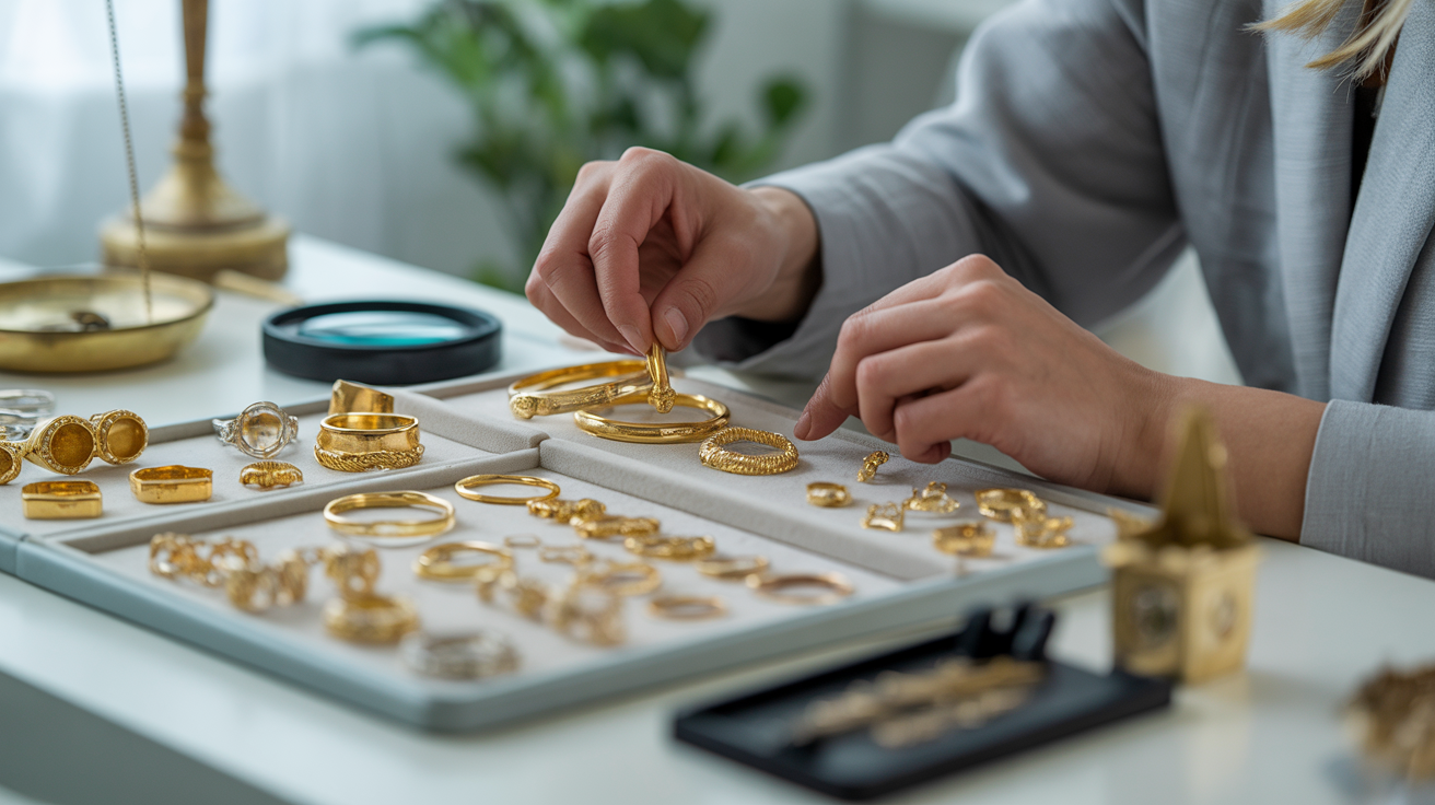 Person organizing and examining gold jewelry for hallmarks on a table.