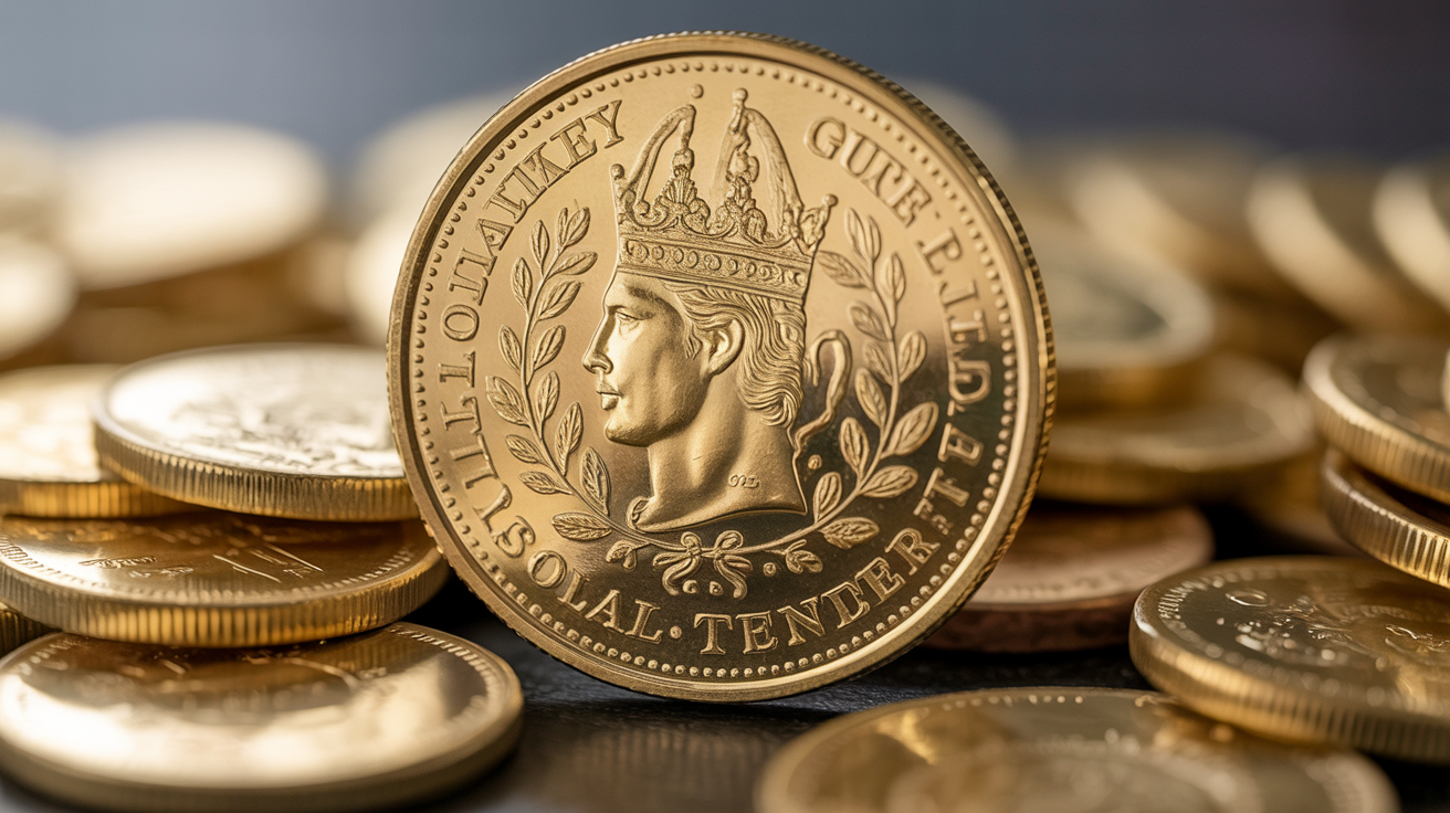 Close-up of a gold sovereign coin on a table with gold items.