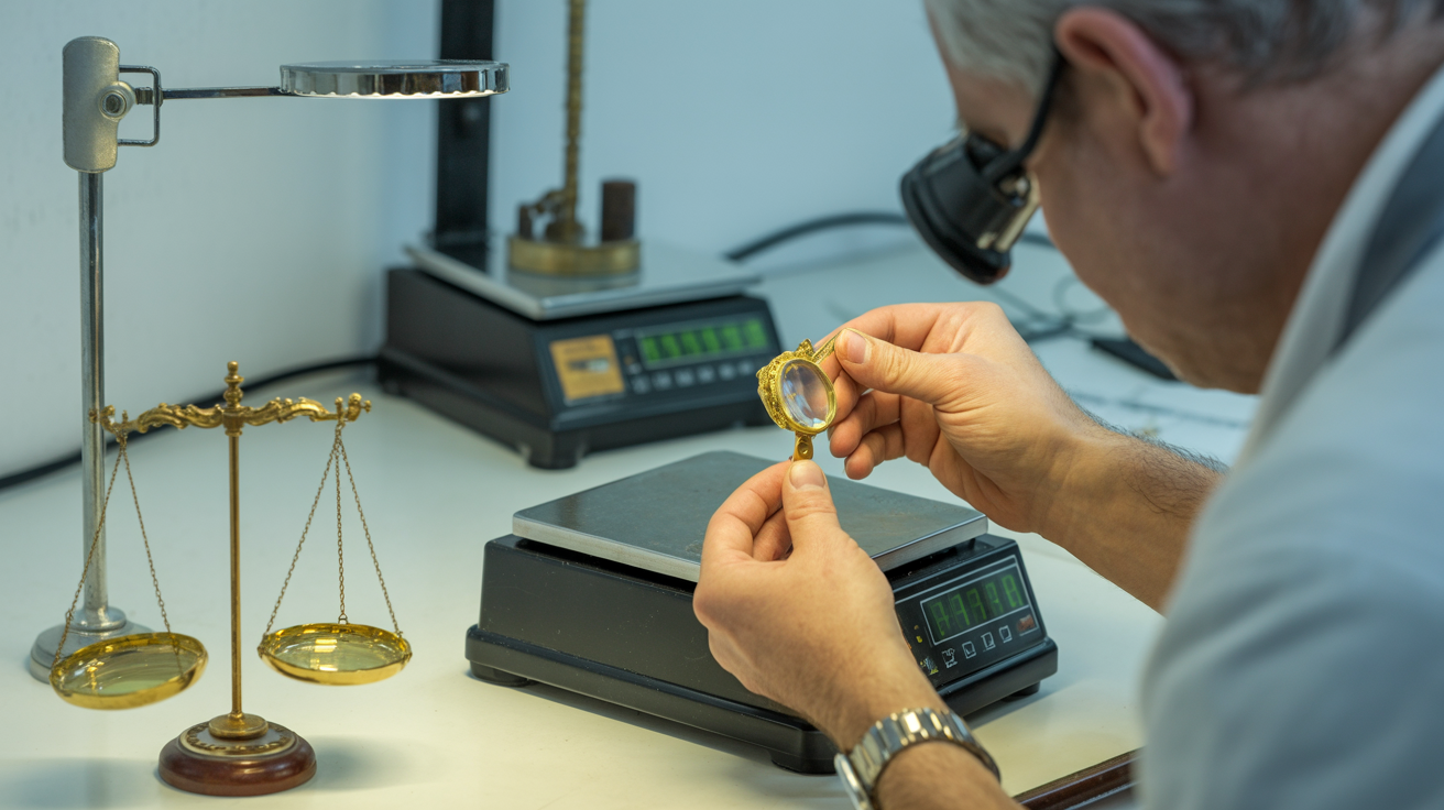 Gold dealer examining jewelry with scales and magnifying glass.