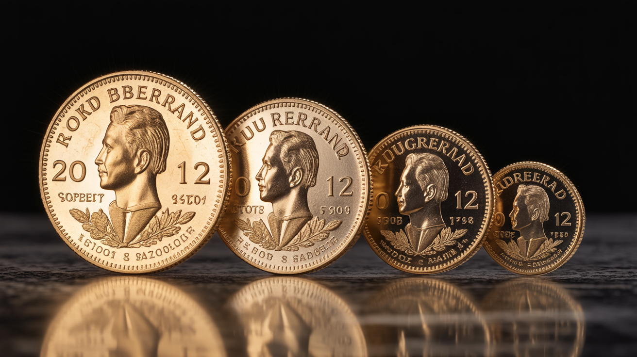Four Gold Krugerrands of different sizes on a table.