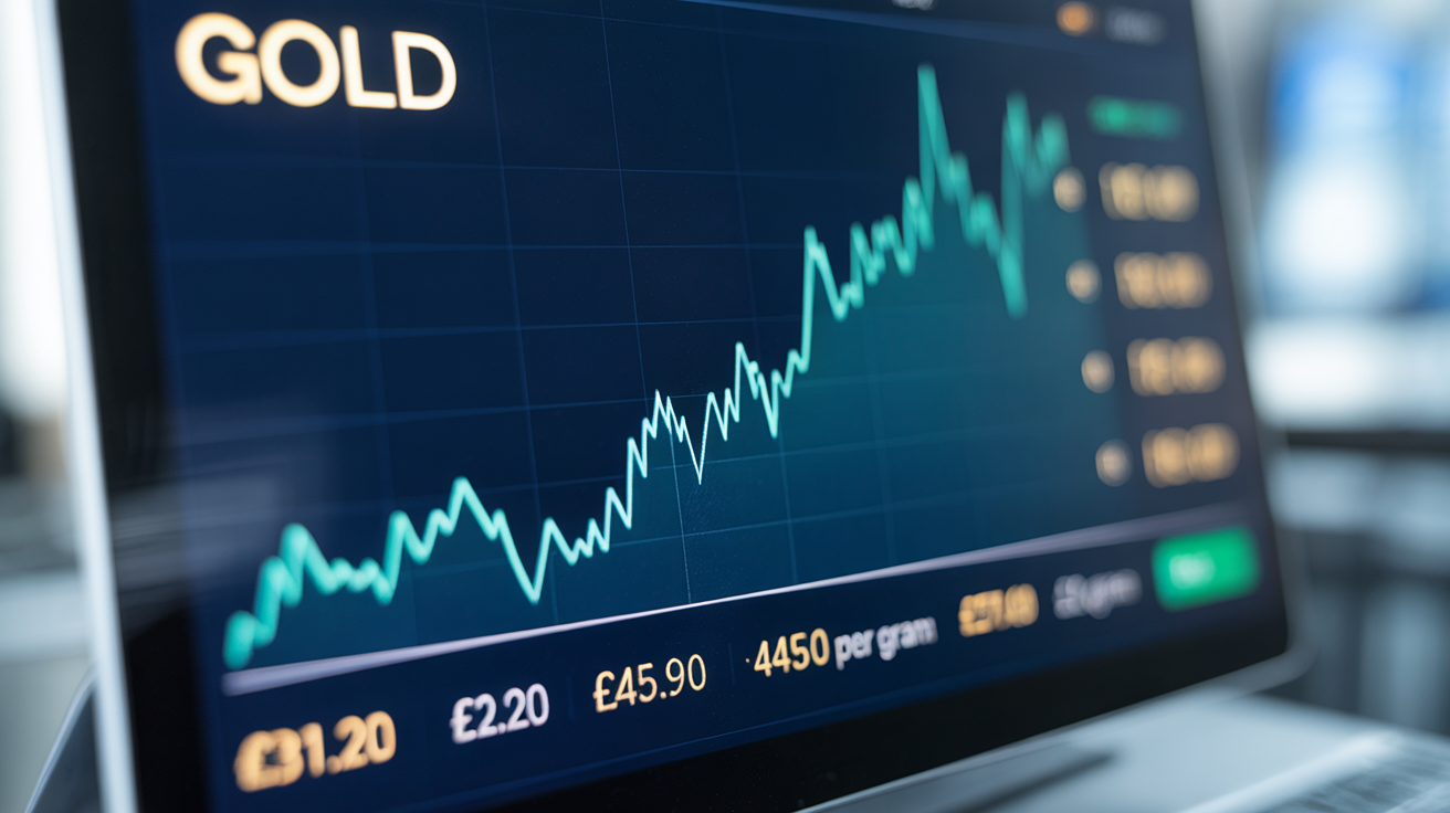 Digital screen with gold price chart showing increase from £31.20 to £45.90 per gram.